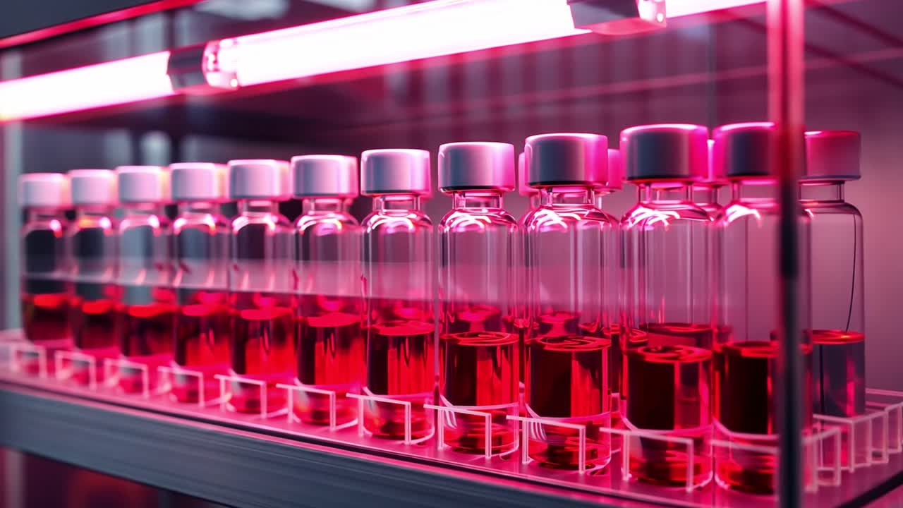 Glass vials with red liquid in a laboratory setting
