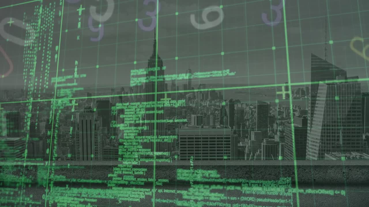 Animation of letter, numbers and computer language over modern city against sea and sky