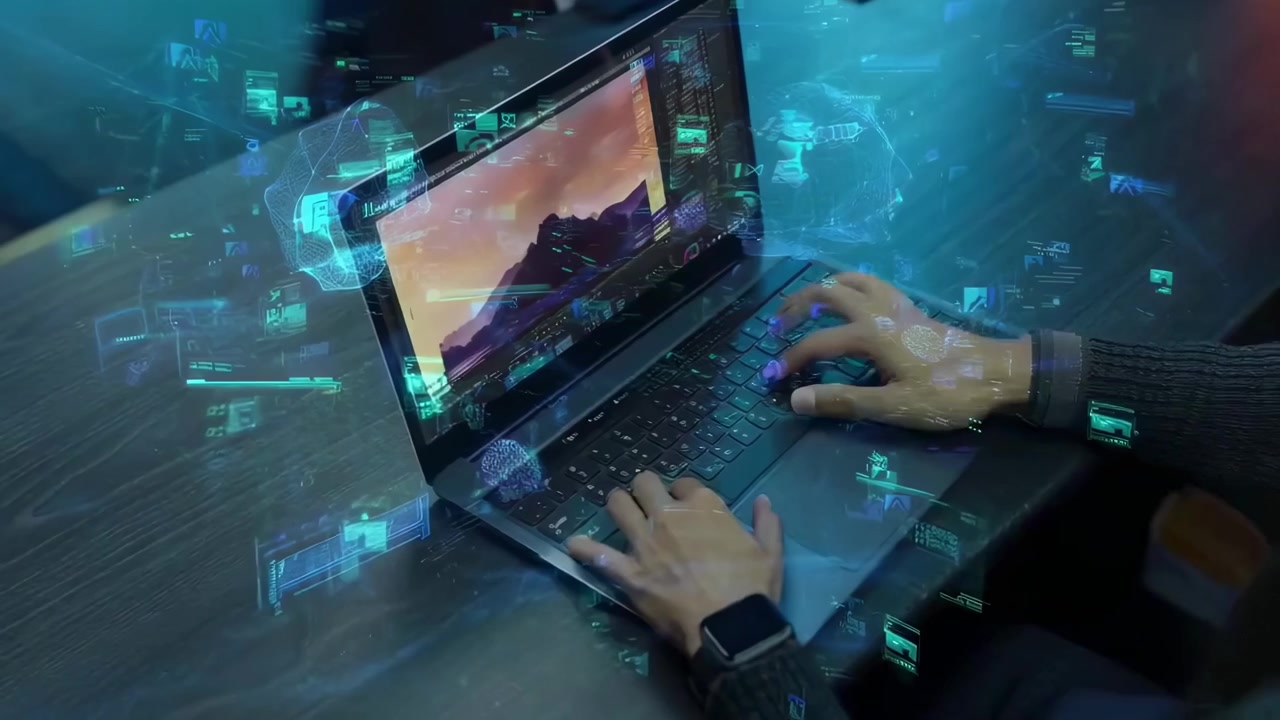Person Editing Video on Laptop with Augmented Reality Interface