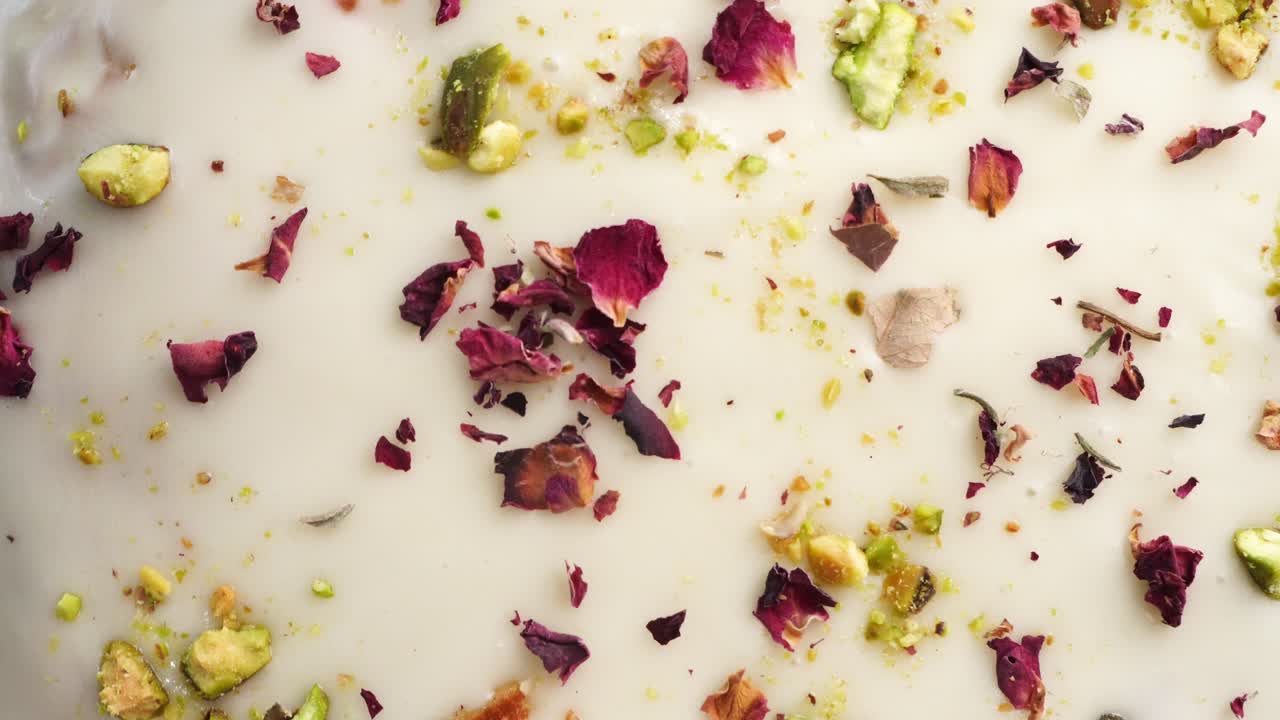Baking a dessert called Persian Love Cake made with rose petals and pistachios. Cake with white glaze frosting. Close up of the cake going around. Beautiful cake for tea time or celebration
