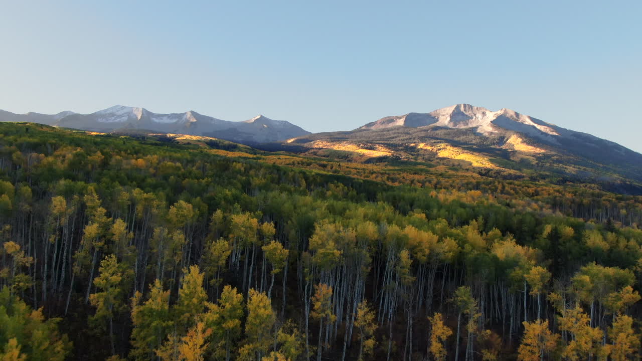 Colorado colorato, riprese aeree cinematografiche con drone, Kebler Pass Crested Butte Gunnison, natura selvaggia, autunno, pioppi tremuli, mattino, paesaggio drammatico e incredibile, alba, prime luci sulle vette rocciose, movimento in avanti