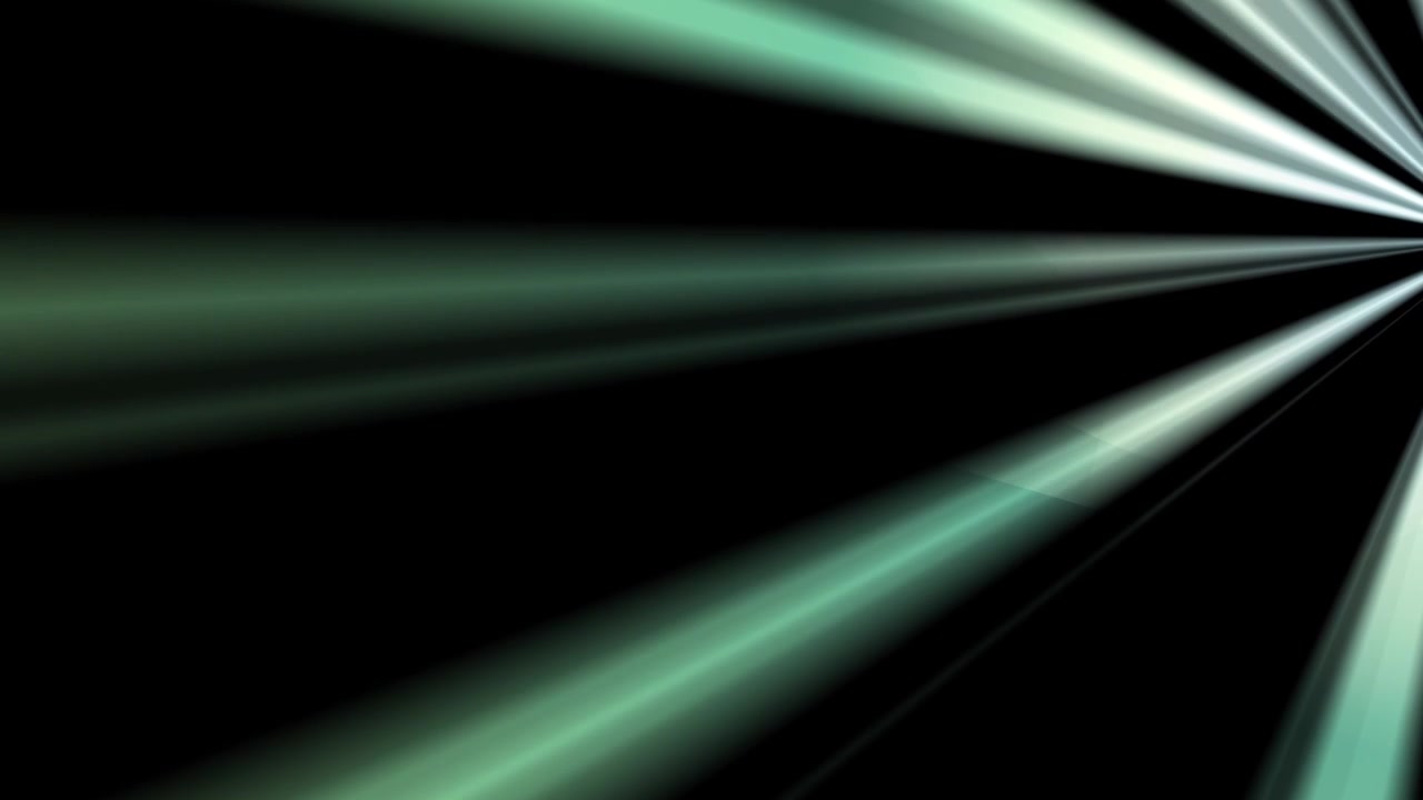 Dynamic Green and White Light Rays Moving on a Black Background
