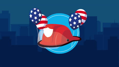 happy labor day celebration with usa flag in balloons helium and fireman hat