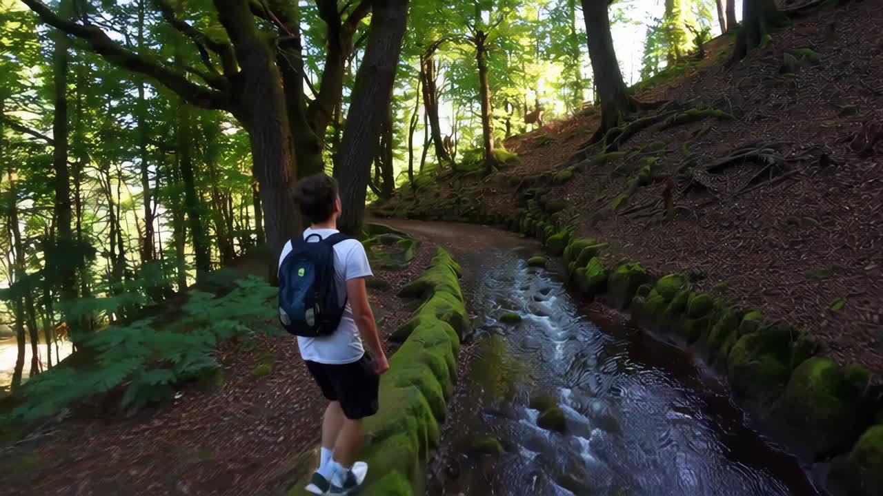 Hiker walking through a lush forest with a stream