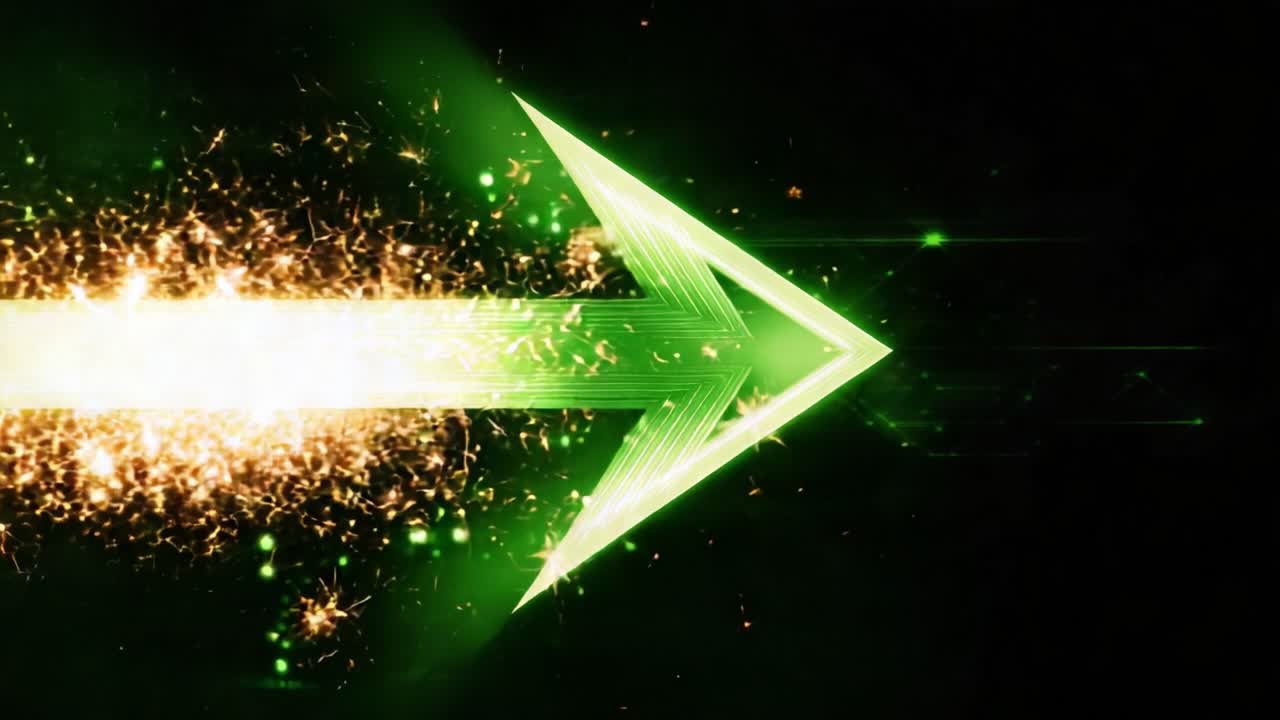 Futuristic green arrow shape moving forward with a trail of golden sparks and particles against a black background. Abstract concept for progress, direction, technology, and innovation