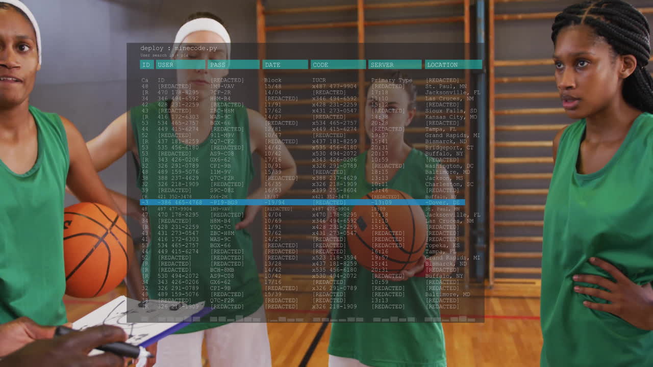 Basketball players in gym with data processing animation overlaying scene