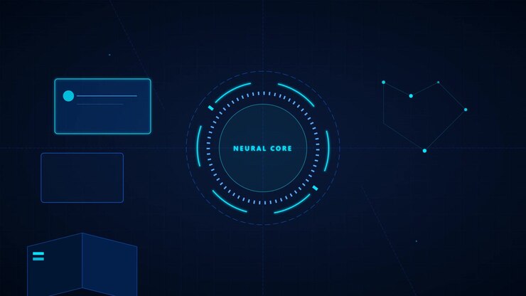 Futuristische neurale kerninterface met roterende digitale datavisualisatie