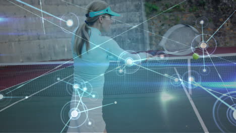 animation of network of connections over female tennis player at tennis court