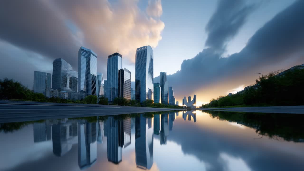 Reflexo de um impressionante horizonte urbano na água ao pôr do sol: uma vista majestosa da arquitetura moderna contra um céu dramático iluminado pelo sol poente