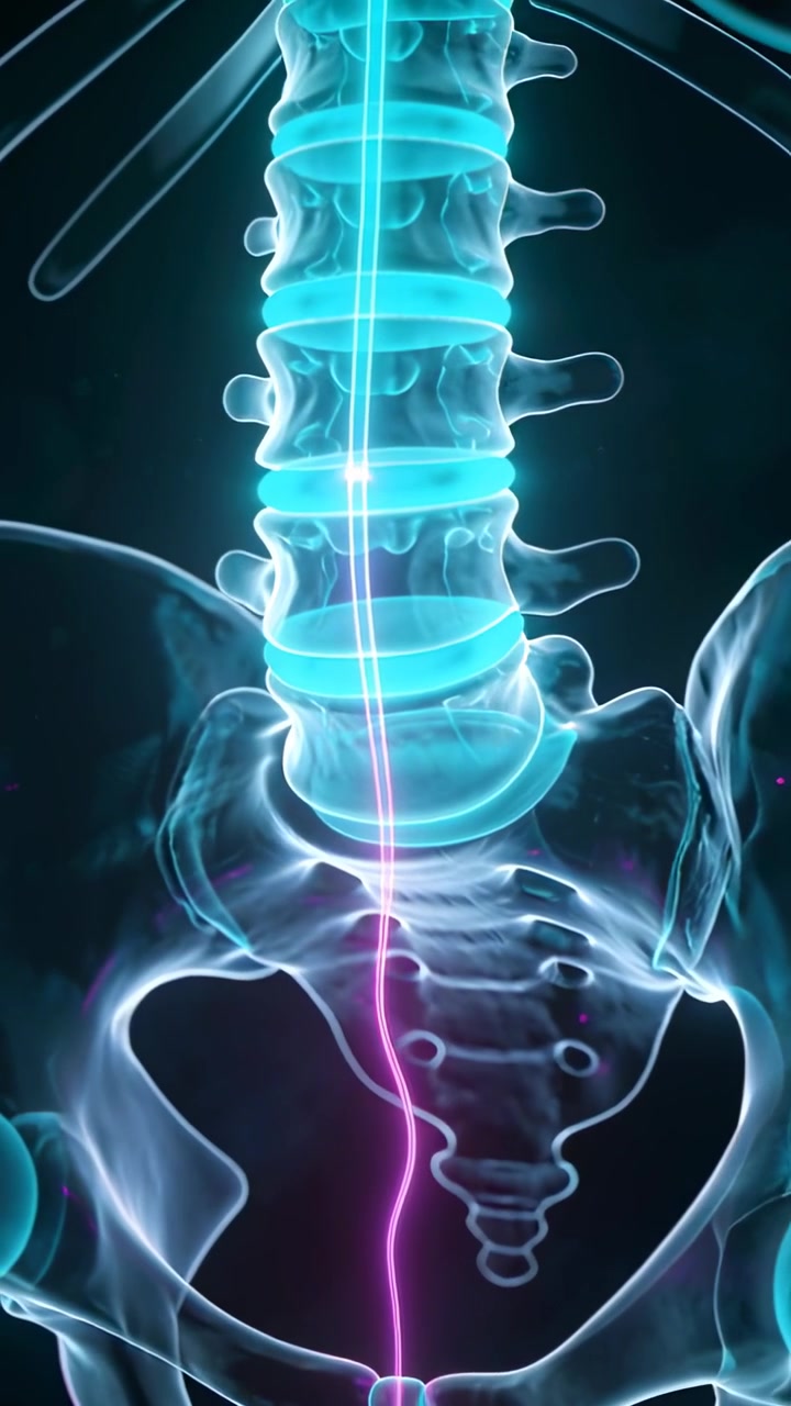 Vertical video: Showing lumbar spine and pelvis after disc impulse, tracing pink nerve in studio