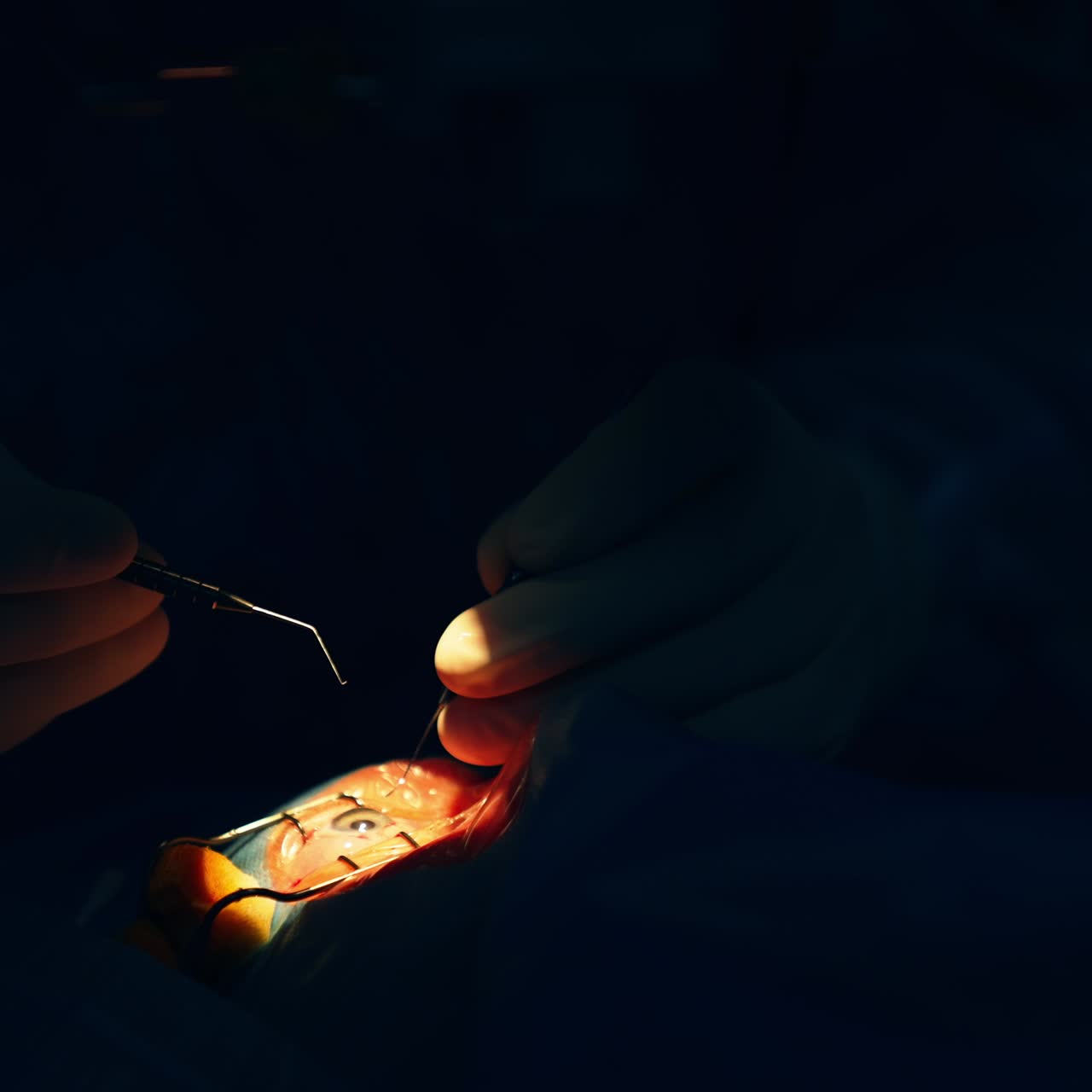 Dark surgery room with highlighted eye at operation. Gloved hands of doctors input sharp instruments into operated area. Close up