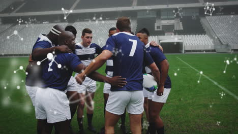 animación de estructuras químicas sobre jugadores de rugby masculinos en el estadio