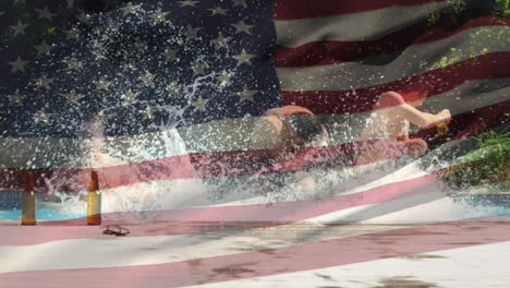 group of friends in a pool and the american flag for fourth of july