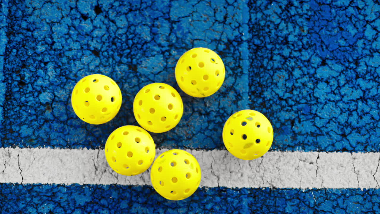 Yellow pickleball balls standing on a blue court after rain