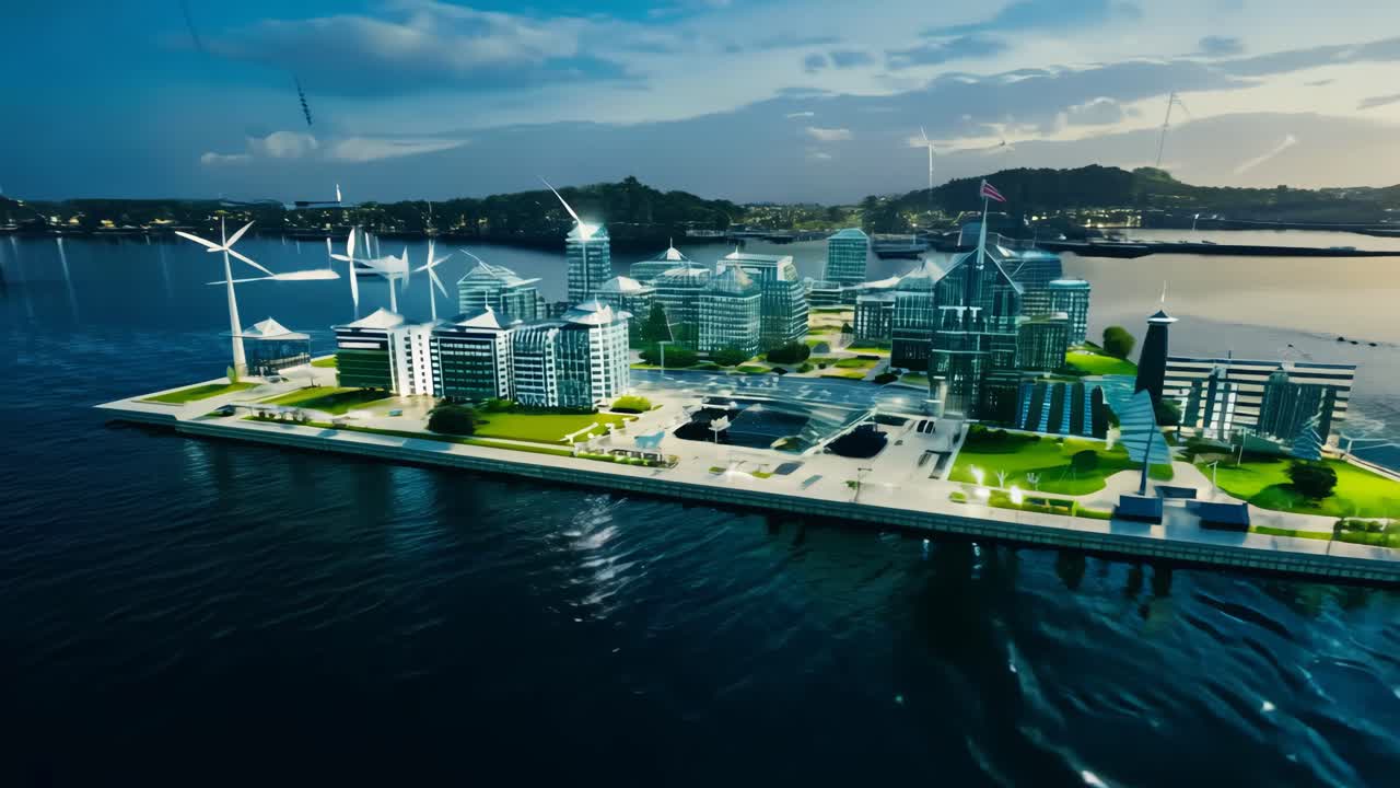 A city is shown in the night sky with a large body of water in the background. The city is lit up with lights, giving it a vibrant and lively atmosphere