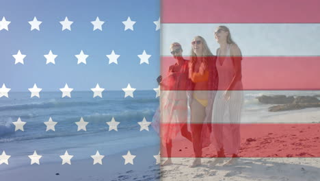 Animation-Der-Flagge-Der-USA-über-Glücklichen,-Unterschiedlichen-Freunden-Am-Strand-Im-Sommer