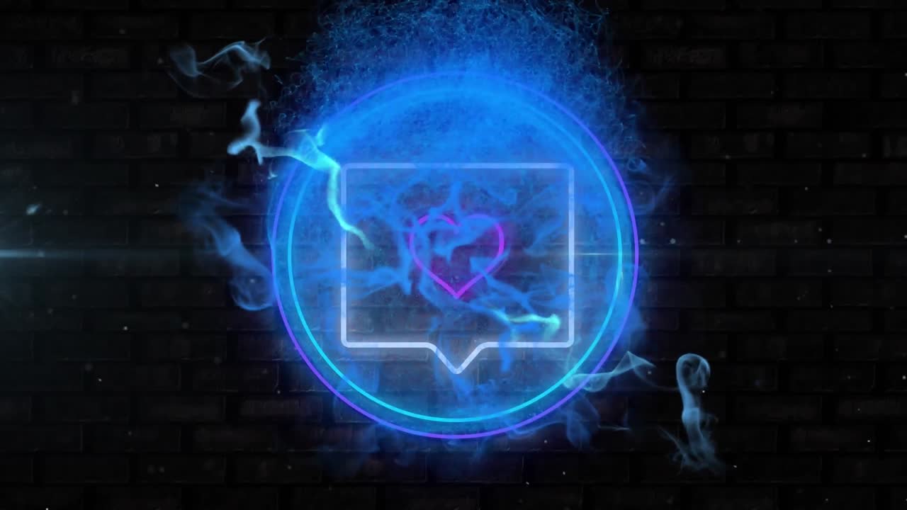 animación digital de ondas digitales azules sobre neón corazón rosa en el icono del mensaje contra la pared de ladrillo