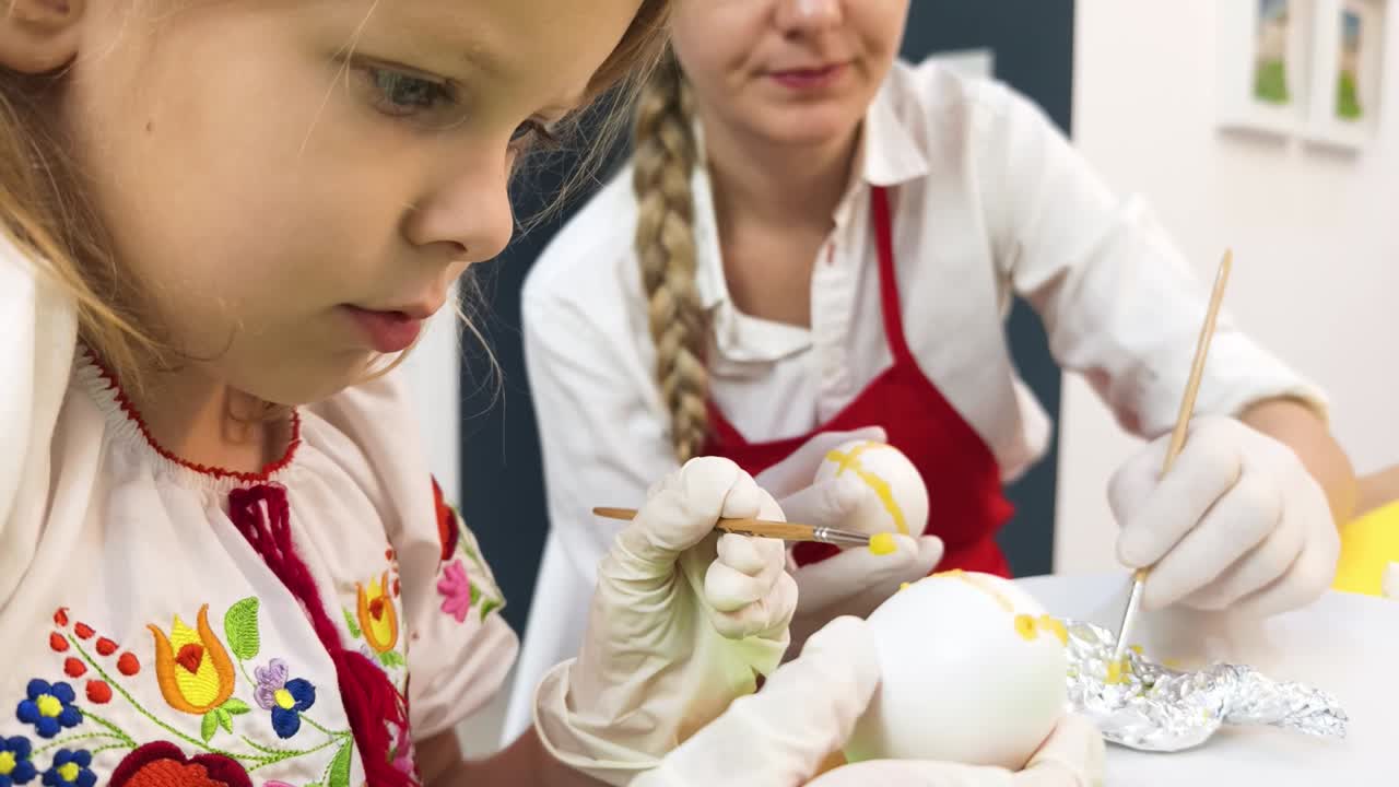 Child and Woman Painting Easter Eggs