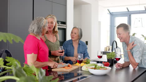 senior diverse group of women enjoying a meal preparation at home