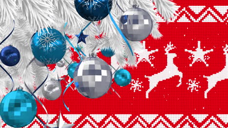 animación de la nieve cayendo sobre las bolas de navidad decoración sobre fondo rojo