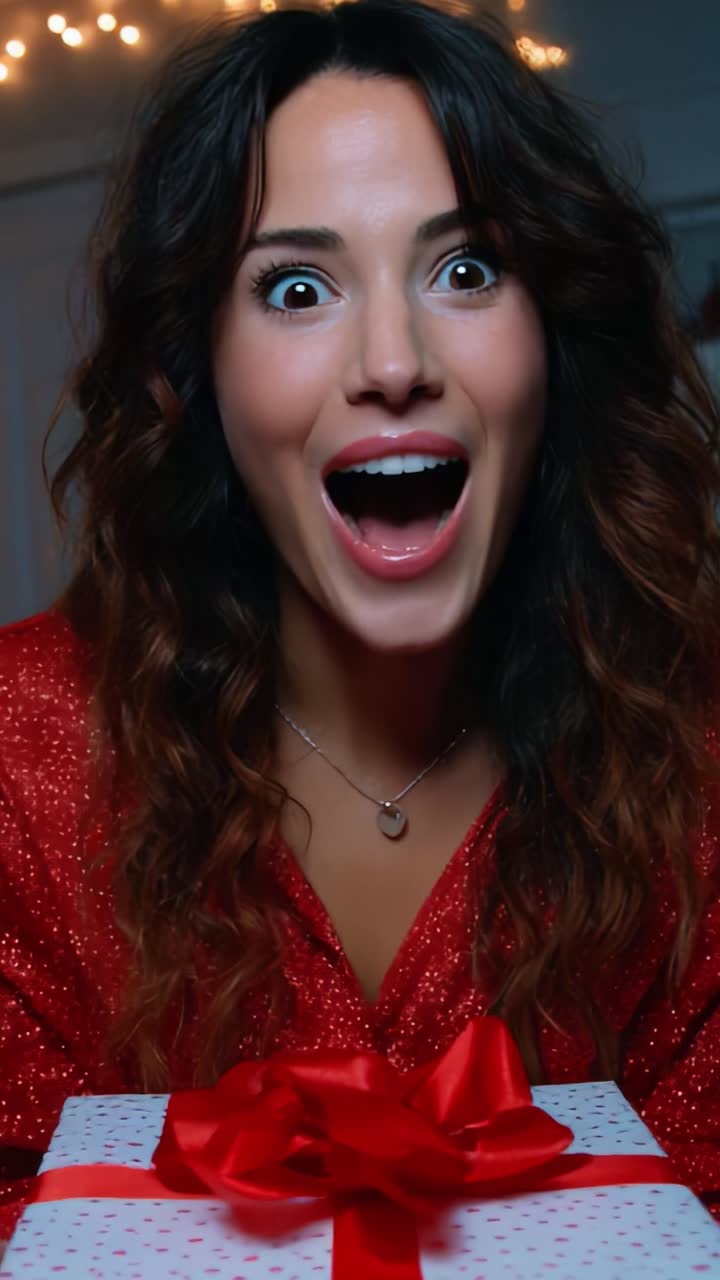 Joyful Surprise: A Happy Person Unveils a Gift with Glee, Eager Anticipation, and Delighted Emotion in a Red Sparkling Outfit Captivated by Unexpected Joy during a Festive Celebration