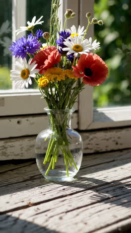 colorful wildflower bouquet in a vase by a window