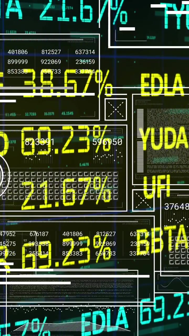 Animation of financial data processing over dark background