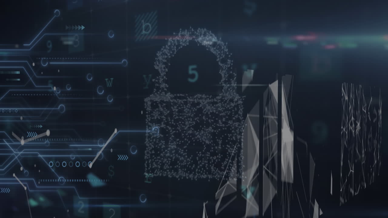 Animation of padlock icon over data processing on black background