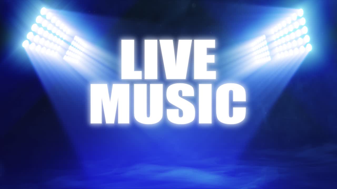 Animated sports graphic with 'Live Music' text, with bright banks of floodlights shining dramatic volumetric light over a misty, atmospheric scene, in deep blue color palette