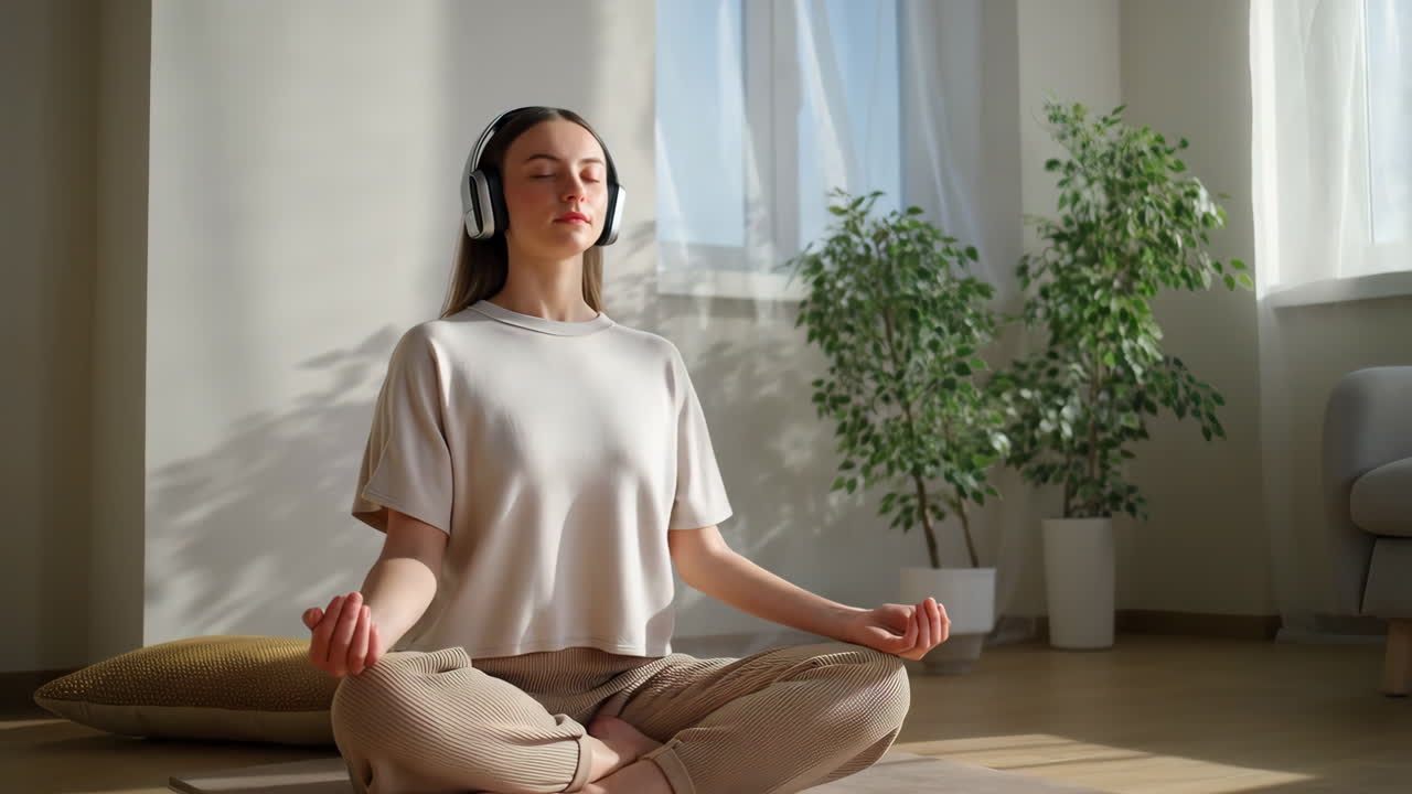 Woman Meditating with Headphones in a Bright Room