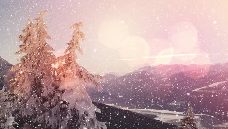 Digital-animation-of-spots-of-light-against-snow-falling-on-winter-landscape-with-trees-and-mountain