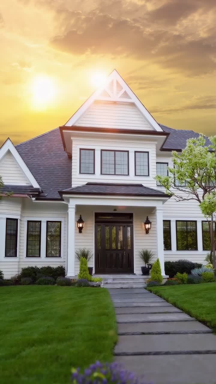 Low-angle video shot of a 'Sold' sign in front of a house at sunset, highlighting success