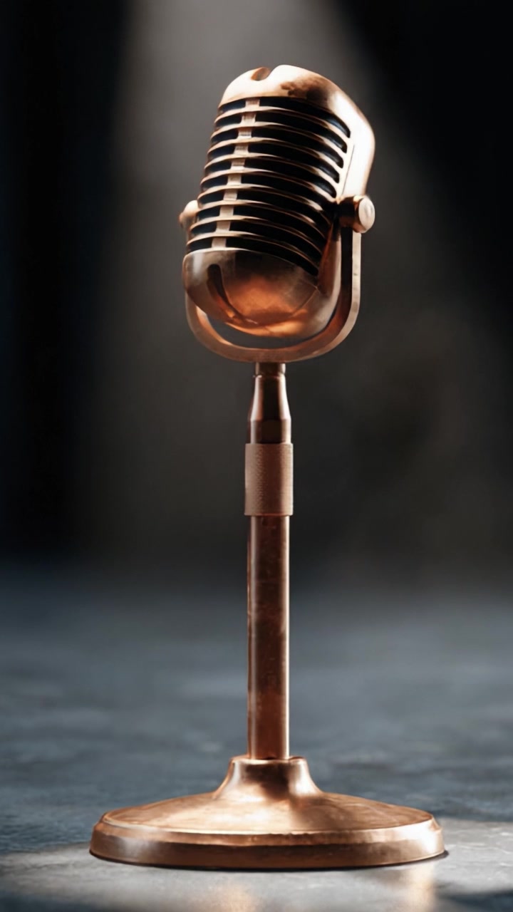 A Stunning Copper Microphone Captured in Two Frames: Showcasing Unique Vintage Design with Gleaming Details and Intricate Structure in a Dramatic Lighting Setup