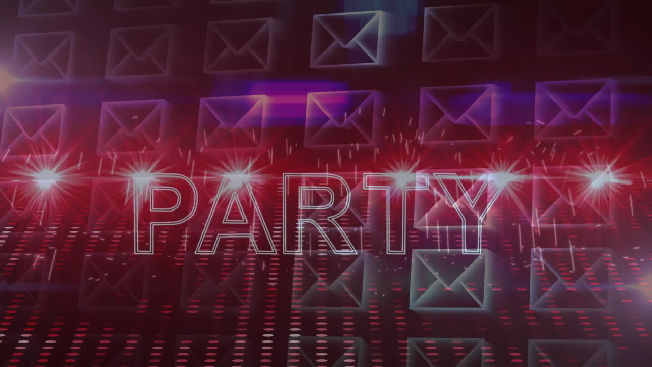 Party text with digital envelopes and glowing lines in futuristic animation