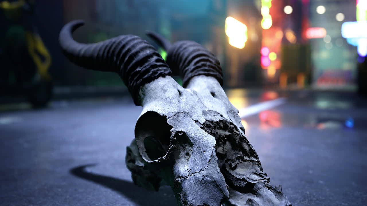 Dark and eerie goat skull on a rainy urban street at night