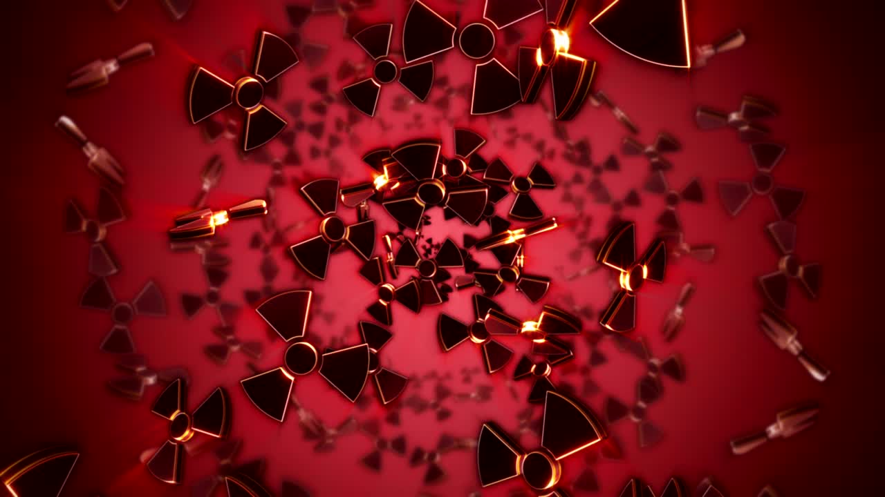 떨어지는 핵, 방사선 위험 위험 기호, 애니메이션, 렌더링, 배경, 루프