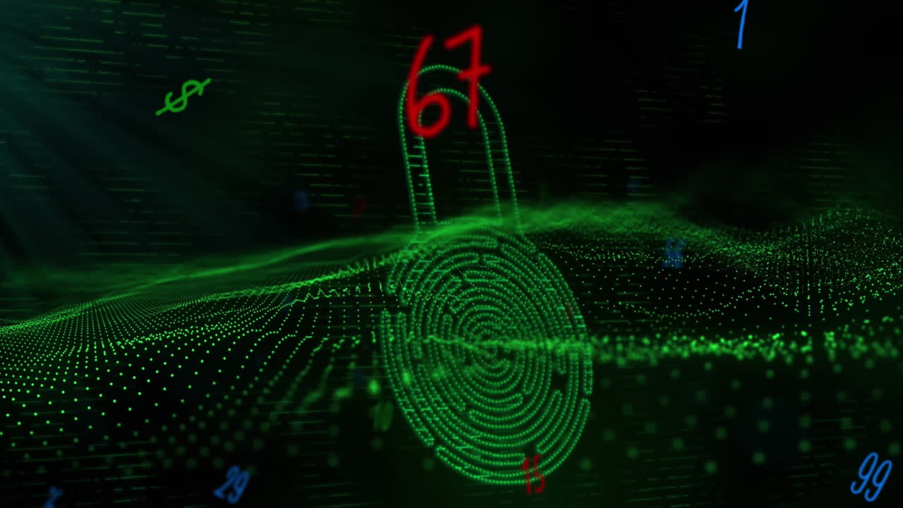 Animation of online security padlock with biometric fingerprint and data processing on screen