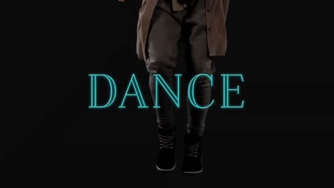 neon dance text over woman dancing against black background