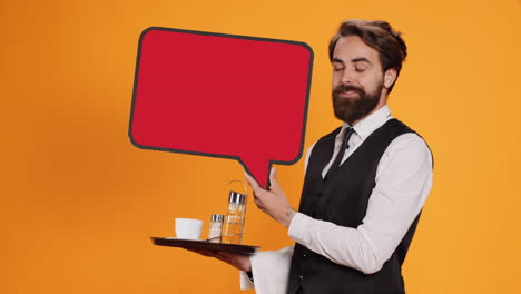 Classy-waiter-holds-speech-bubble-icon