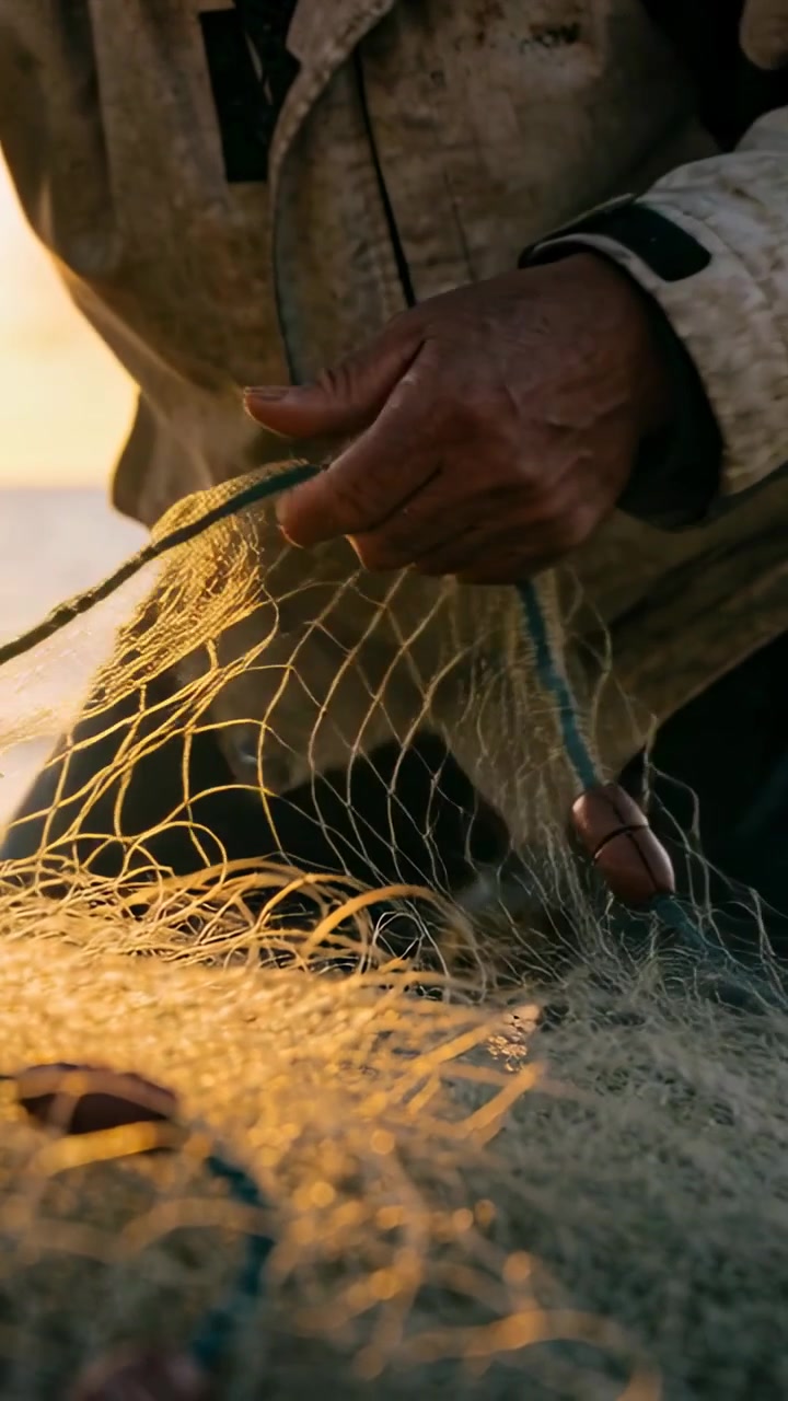 Video verticale: Pescatore che ripara inginocchiato rammendando una rete sulla riva, con una giacca da lavoro, galleggianti e corda.