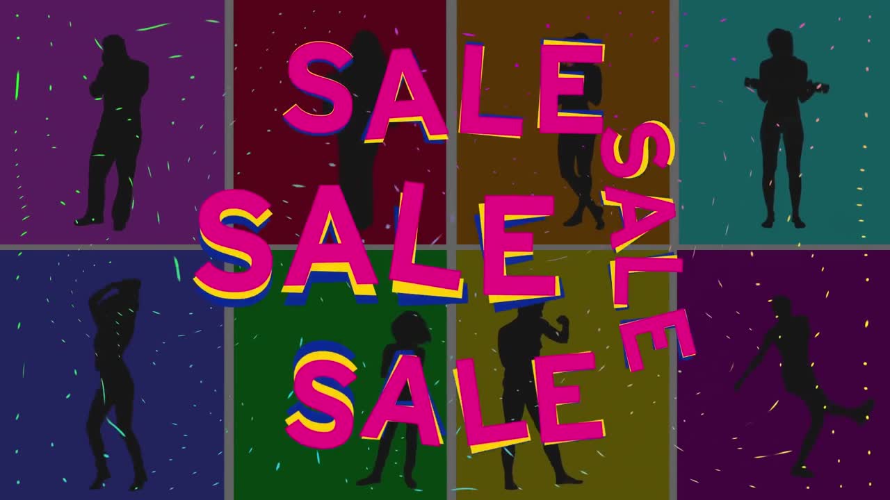 판매 텍스트와 다채로운 배경에 춤추는 사람들의 실루 ⁇ 의 애니메이션