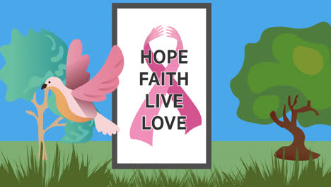 animation of pink ribbon logo and breast cancer text over trees and bird