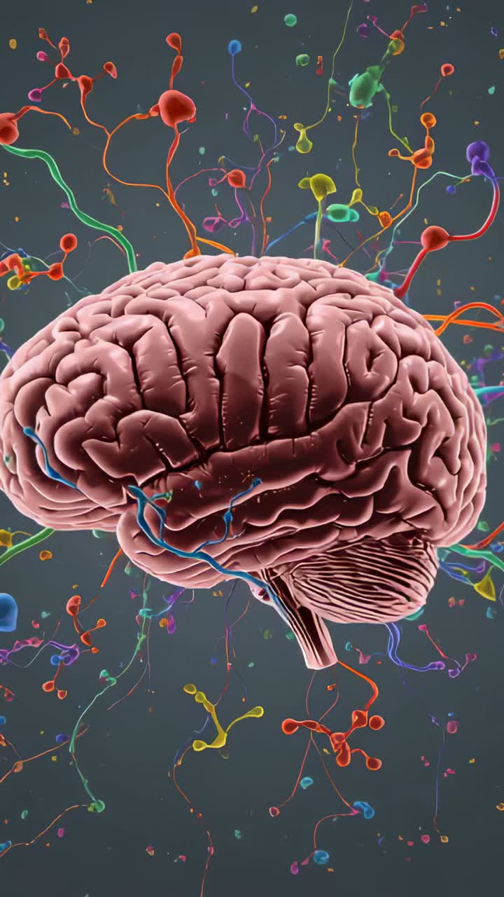 Vertical video: Camera panning 3D brain rotating in gray field, showing cortex, vein and filaments