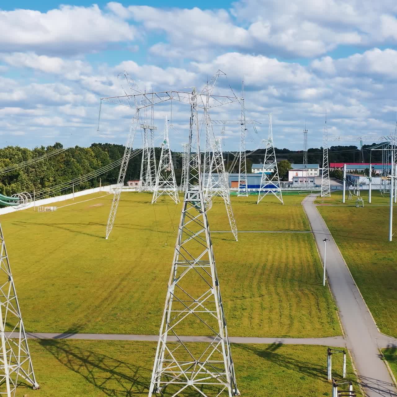 Long-range energy high voltage transmission. Electric transformers wires and grid