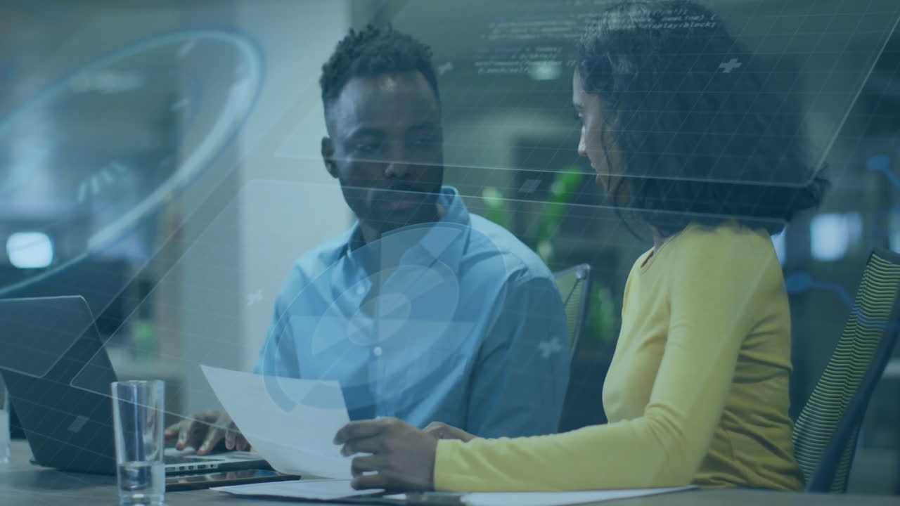 Animation of data processing and diagrams over diverse business people discussing work