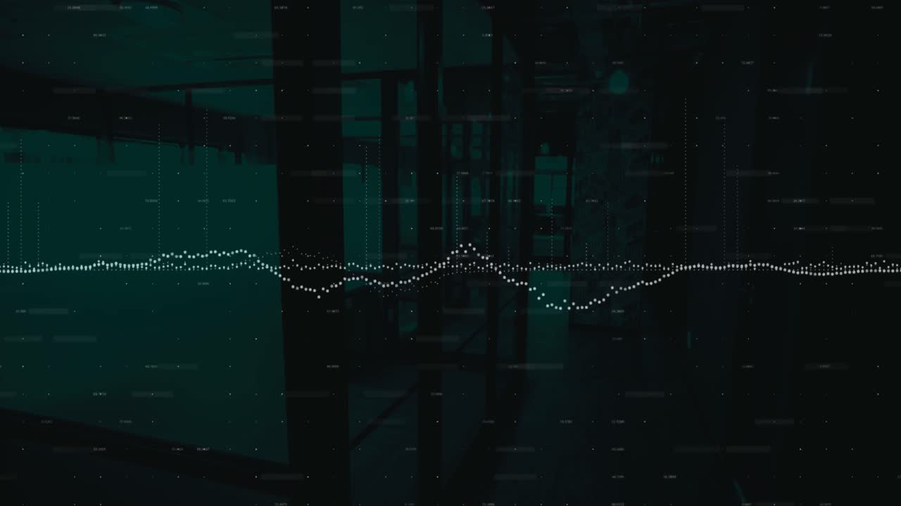 Financial data processing over cityscape against dark background