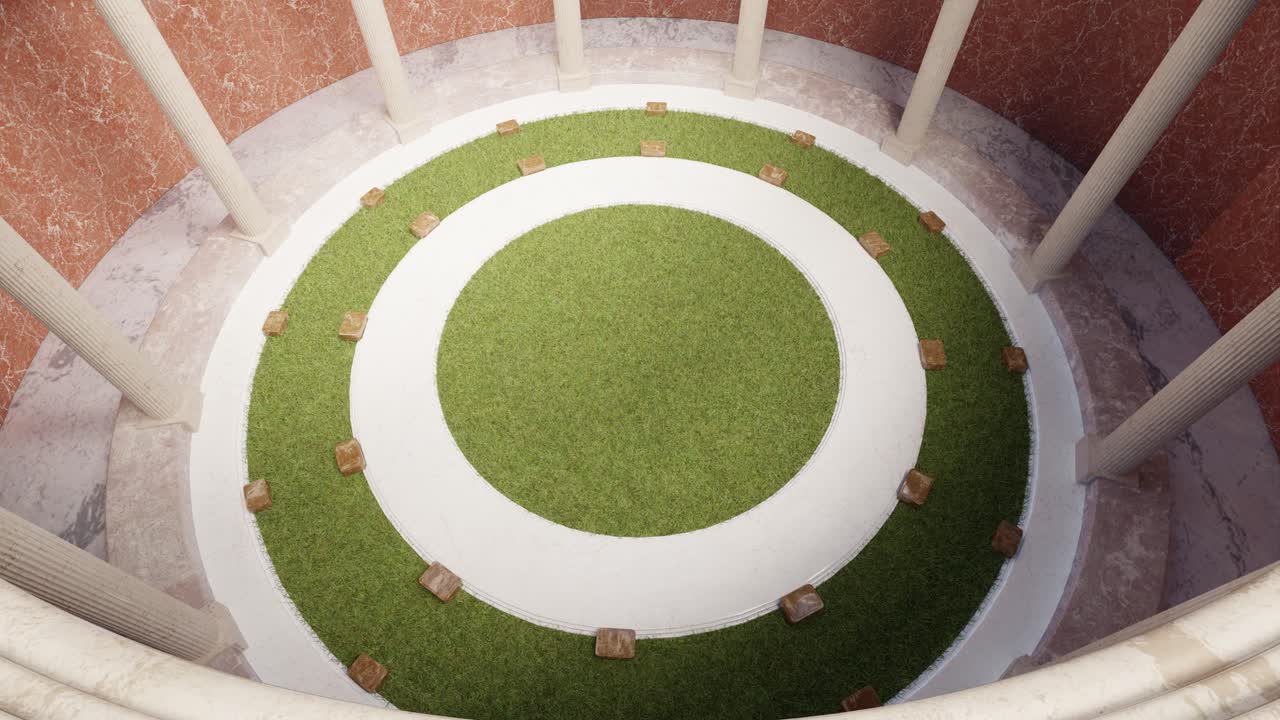 Interior of circular building with columns and grass lawn. 3d animation