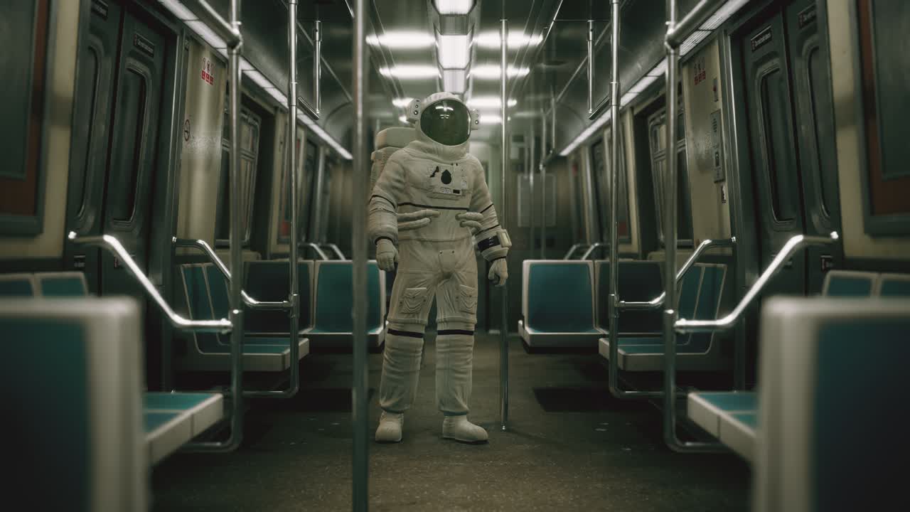astronauta dentro del viejo vagón de metro no modernizado en ee.uu.
