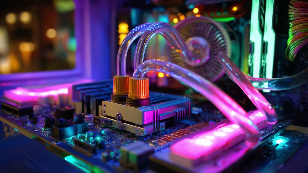 Close-Up of a Colorful PC Cooling System Featuring Vibrant RGB Lights, Advanced Liquid Coolant Tubing, and High-Performance Components on a Motherboard for Enhanced Gaming and Computing Experiences