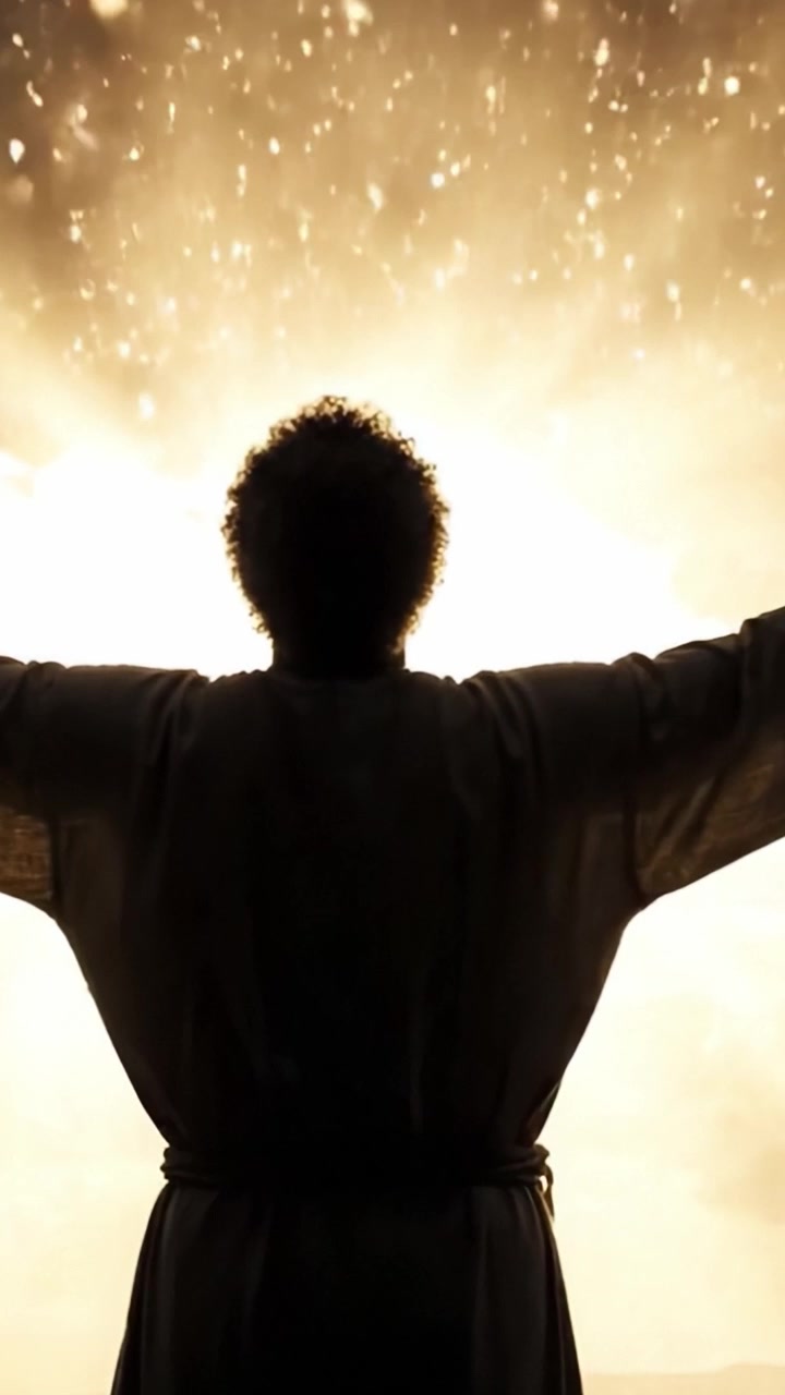 Eine spirituelle Figur, die sich vor einem strahlenden Sonnenaufgang abzeichnet, ihre ausgestreckten Arme vermitteln ein Gefühl von Hoffnung, Erwachen und göttlicher Verbindung im himmlischen Licht